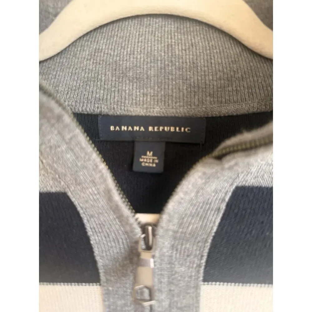 Banana Republic Men’s 1/4 Zip Sweater Gray Striped Pima Cotton Wool Pullover M